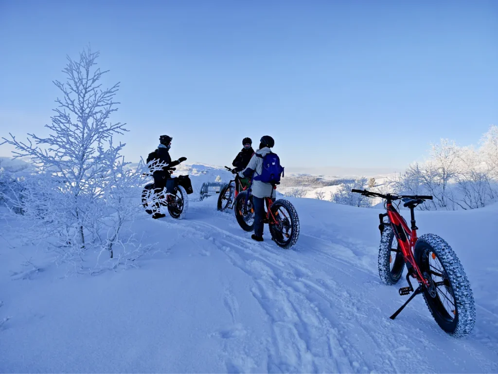 Tre syklister tar en pause med el-fatbiker på en snødekt sti ved Kirkenes. En rimfrostdekt bjørk står til venstre, og en rød fatbike står parkert i snøen foran.