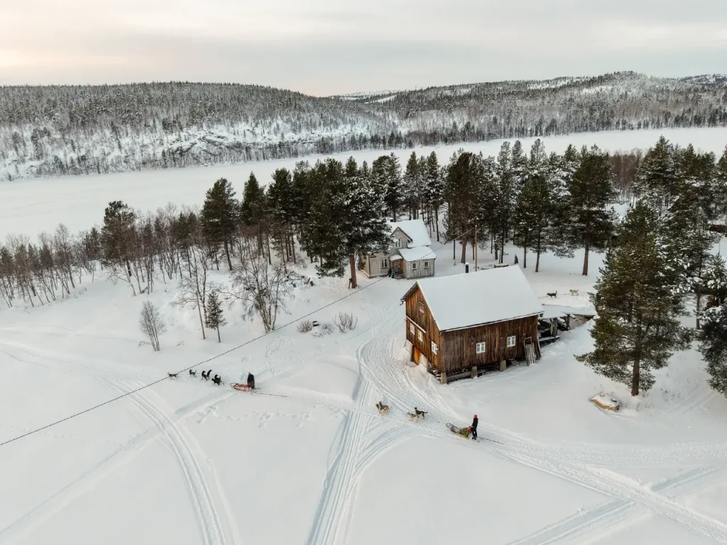 Aerial view of two dog sled teams arriving at Namdalen Wilderness Lodge in the Pasvik Valley in winter, passing the brown wooden barn and the farmhouse, with snowy pine forest and frozen Lake Langfjordvatnet in the background.