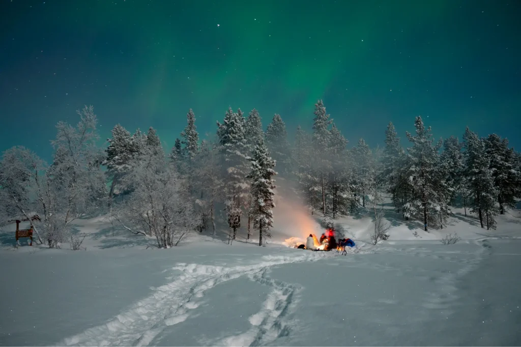 Guests sit around a campfire at the edge of a snowy pine forest near Kirkenes, under green Northern Lights and a starry sky. A camera on a tripod stands by the fire, and footprints lead through the snow.